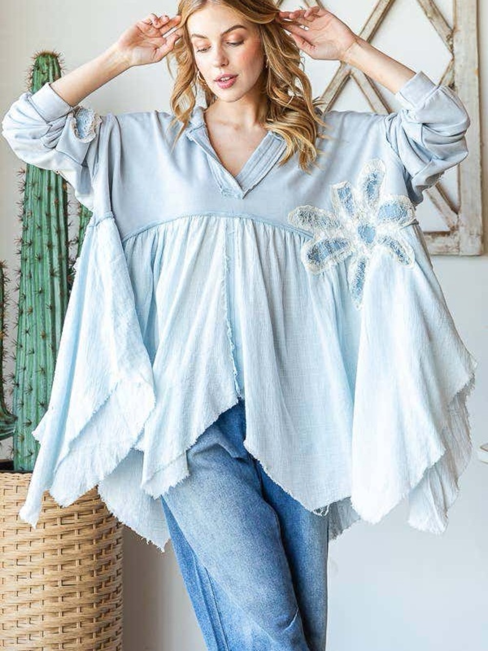 Oli & Hali Light Blue Daisy Asym Hem Hoodie